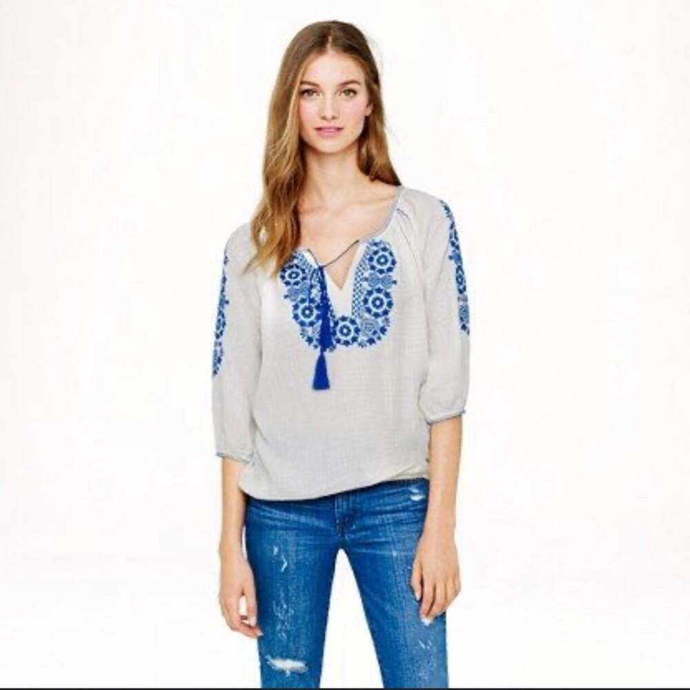 J.Crew Resort Boho Cotton 3/4 Sleeves Embroidered White Blue Top Women’s Size XS